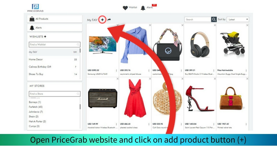 Open PriceGrab in new tab and enter into your wishlist page and then click on the “Add products (+)” button.